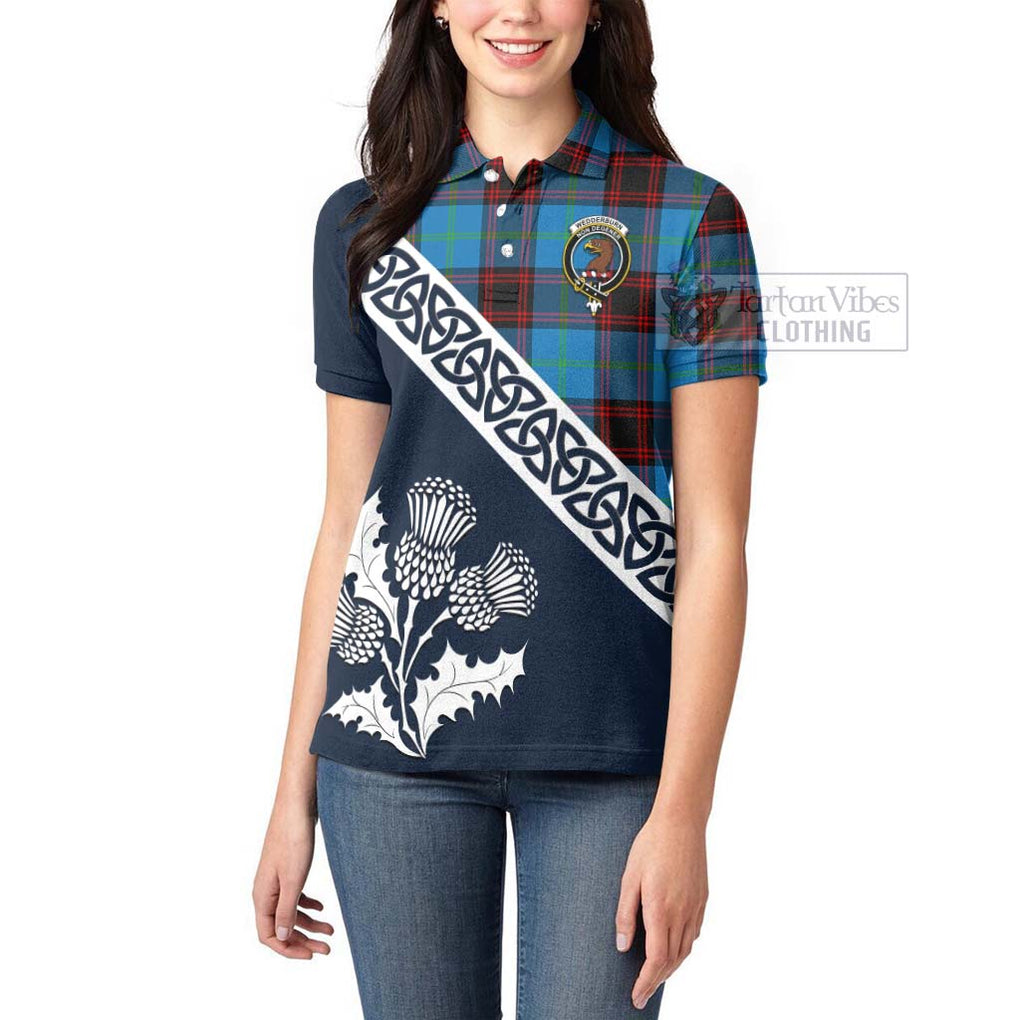 Wedderburn Tartan Women's Polo Shirt Featuring Thistle and Scotland Map - Tartanvibesclothing Store