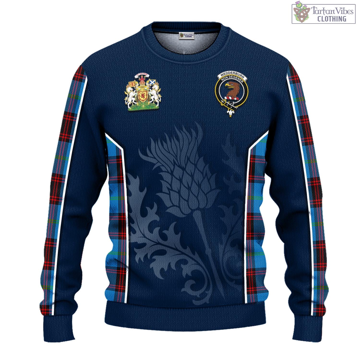 Wedderburn Tartan Knitted Sweatshirt with Family Crest and Scottish Thistle Vibes Sport Style - Tartan Vibes Clothing