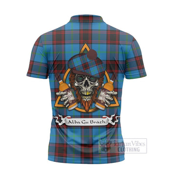 Wedderburn Tartan Zipper Polo Shirt with Family Crest and Bearded Skull Holding Bottles of Whiskey - Tartan Vibes Clothing