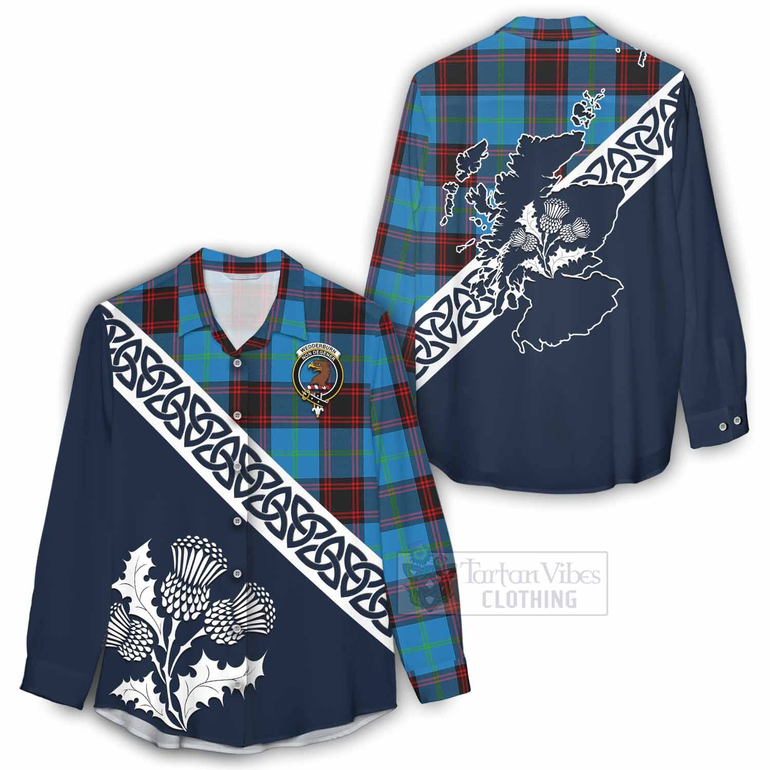 Wedderburn Tartan Women's Casual Shirt Featuring Thistle and Scotland Map - Tartan Vibes Clothing