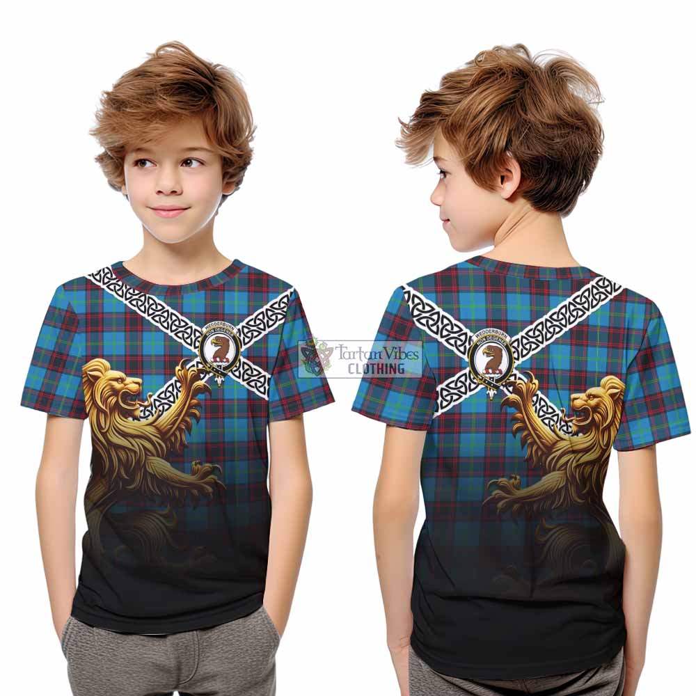 Wedderburn Crest Tartan Kid T-Shirt with Golden Lion Emblem Celtic Style - Tartan Vibes Clothing