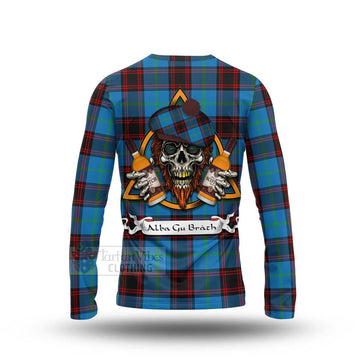 Wedderburn Tartan Long Sleeve T-Shirt with Family Crest and Bearded Skull Holding Bottles of Whiskey - Tartan Vibes Clothing