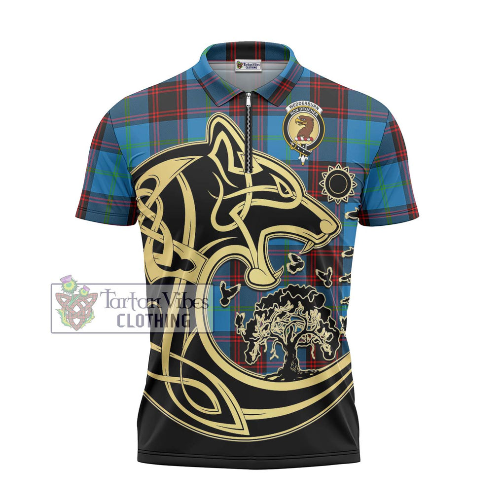 Wedderburn Tartan Zipper Polo Shirt with Family Crest Celtic Wolf Style - Tartan Vibes Clothing