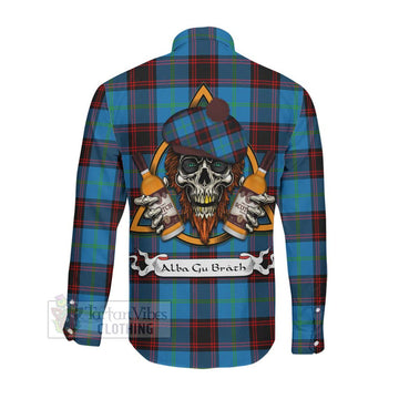 Wedderburn Tartan Long Sleeve Button Shirt with Family Crest and Bearded Skull Holding Bottles of Whiskey Men's Shirt - Tartan Vibes Clothing