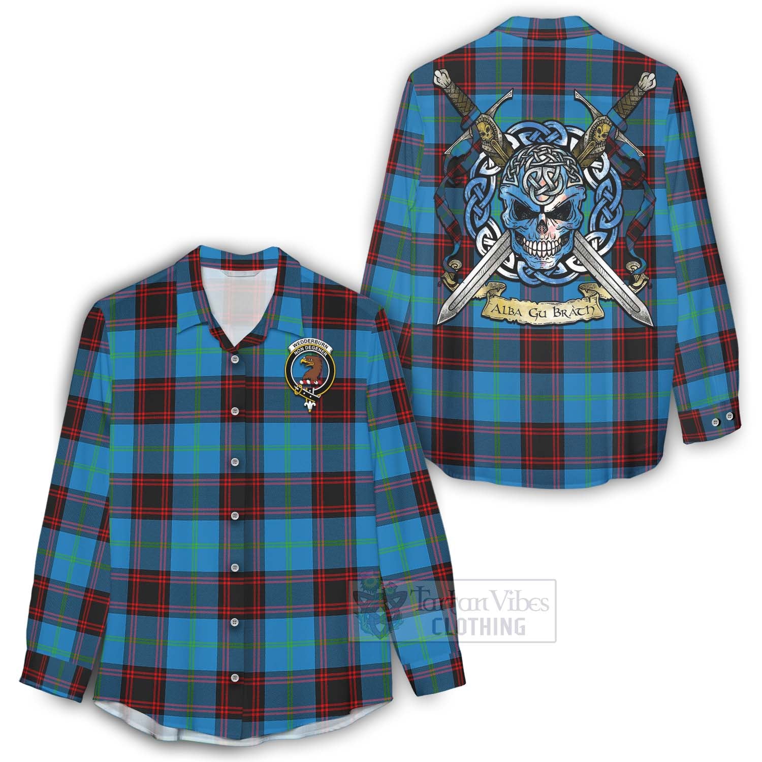 Wedderburn Tartan Women's Casual Shirt with Family Crest Celtic Skull Style - Tartan Vibes Clothing