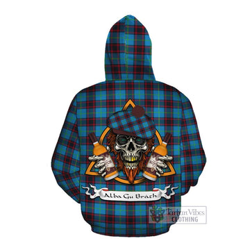 Wedderburn Tartan Cotton Hoodie with Family Crest and Bearded Skull Holding Bottles of Whiskey Pullover Hoodie - Tartan Vibes Clothing