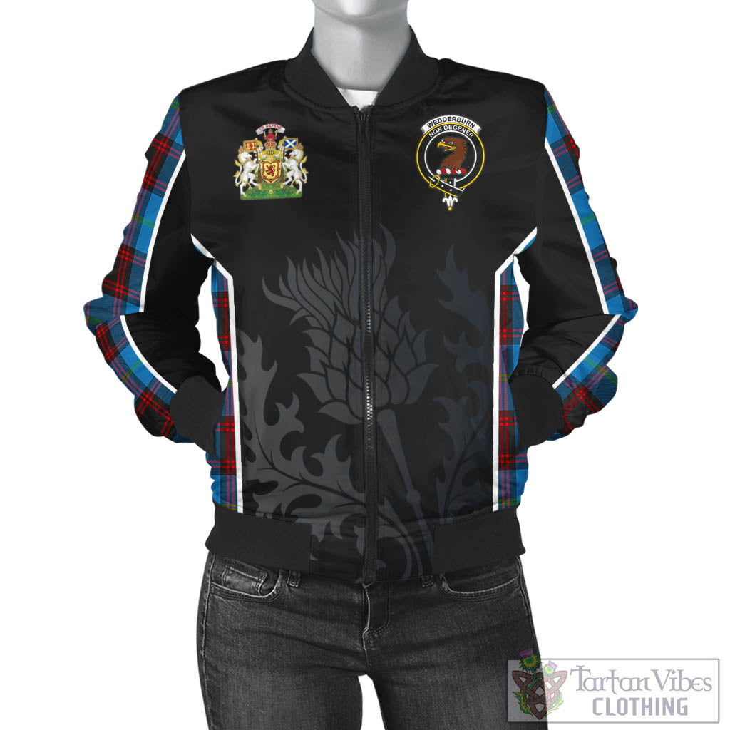 Wedderburn Tartan Bomber Jacket with Family Crest and Scottish Thistle Vibes Sport Style - Tartan Vibes Clothing