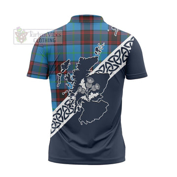 Wedderburn Tartan Zipper Polo Shirt Featuring Thistle and Scotland Map - Tartanvibesclothing Store