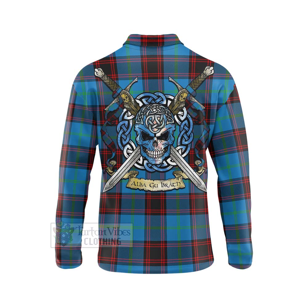 Wedderburn Tartan Long Sleeve Polo Shirt with Family Crest Celtic Skull Style - Tartan Vibes Clothing