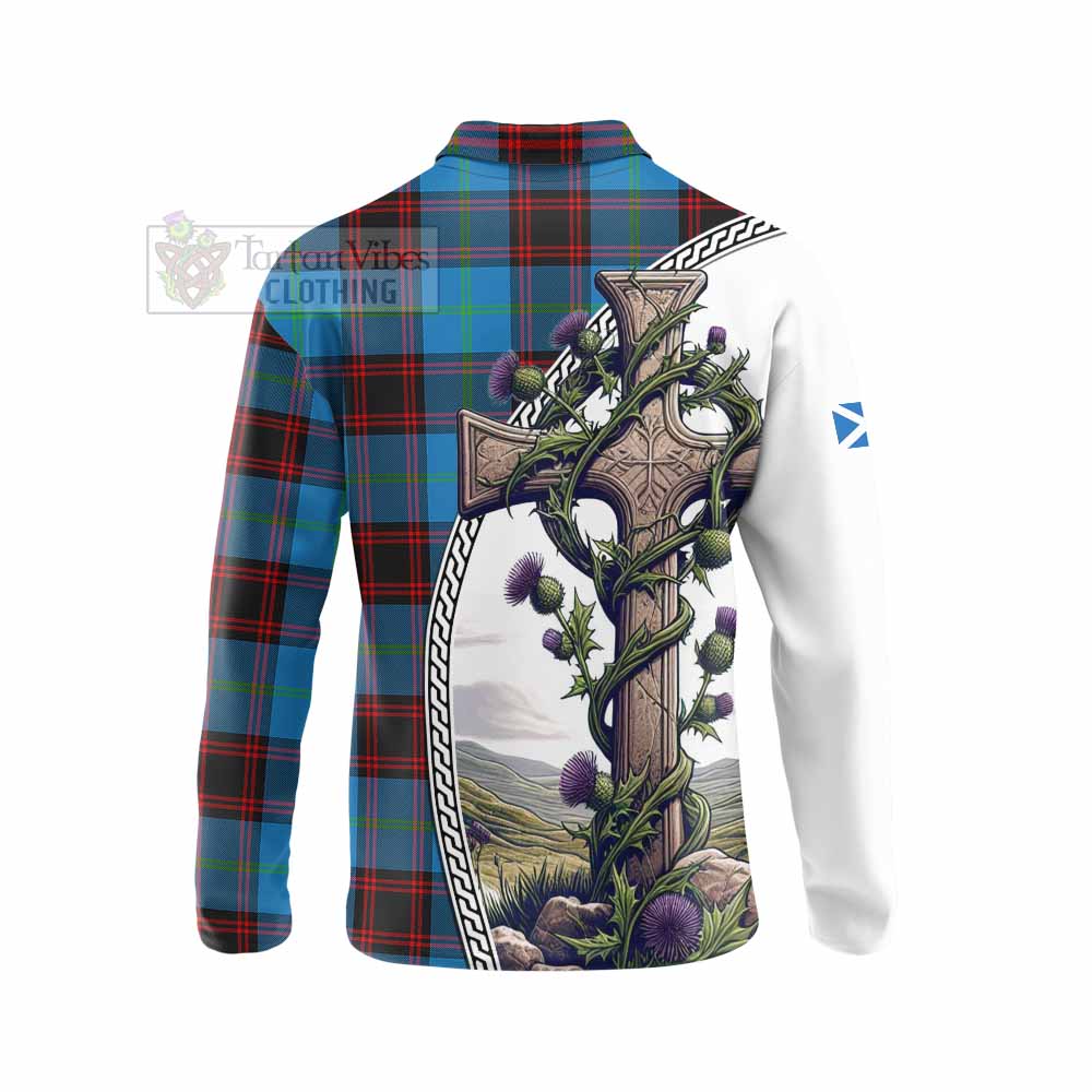 Tartan Vibes Clothing Wedderburn Tartan Long Sleeve Polo Shirt with Family Crest and St. Andrew's Cross Accented by Thistle Vines