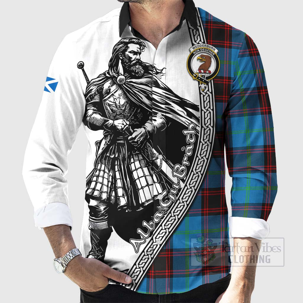 Wedderburn Tartan Clan Crest Long Sleeve Button Shirt with Highlander Warrior Celtic Style - Tartan Vibes Clothing