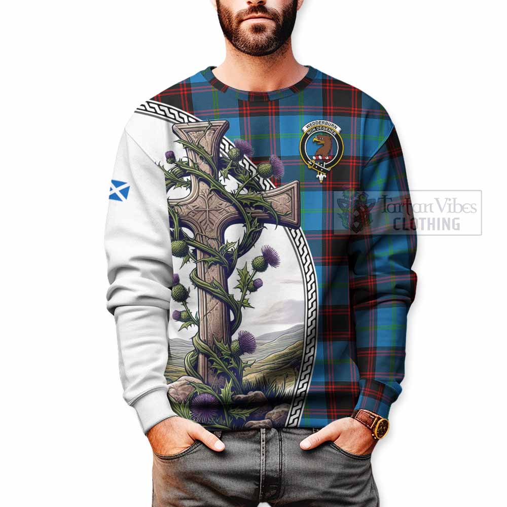 Tartan Vibes Clothing Wedderburn Tartan Sweatshirt with Family Crest and St. Andrew's Cross Accented by Thistle Vines