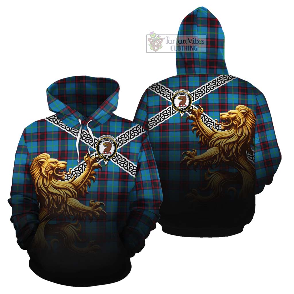 Wedderburn Crest Tartan Cotton Hoodie with Golden Lion Emblem Celtic Style - Tartan Vibes Clothing