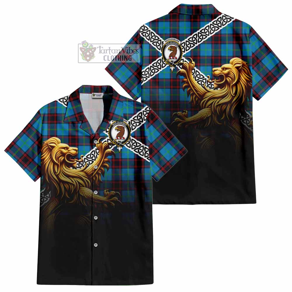 Wedderburn Crest Tartan Hawaiian Shirt with Golden Lion Emblem Celtic Style - Tartan Vibes Clothing