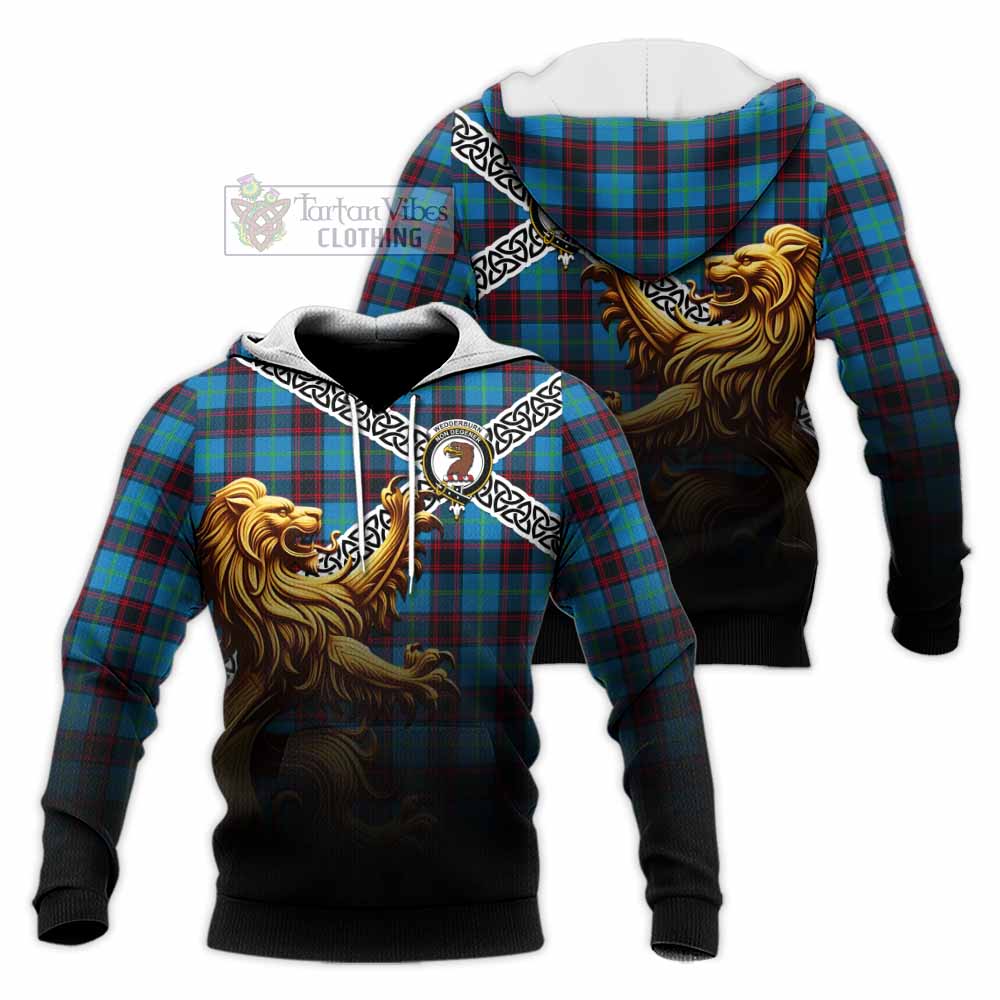 Wedderburn Crest Tartan Knitted Hoodie with Golden Lion Emblem Celtic Style - Tartan Vibes Clothing