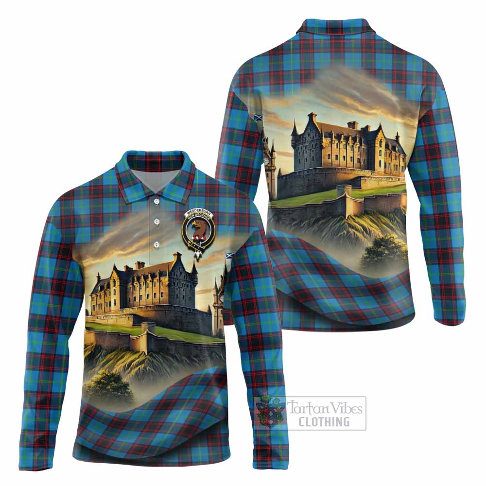 Wedderburn Tartan Family Crest Long Sleeve Polo Shirt with Scottish Ancient Castle Style - Tartan Vibes Clothing