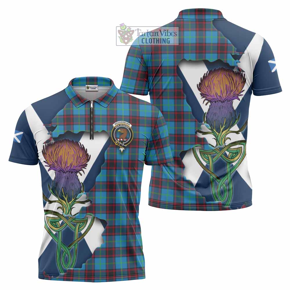 Tartan Vibes Clothing Wedderburn Tartan Family Crest Zipper Polo Shirt Scottish Thistle Celtic Inspired
