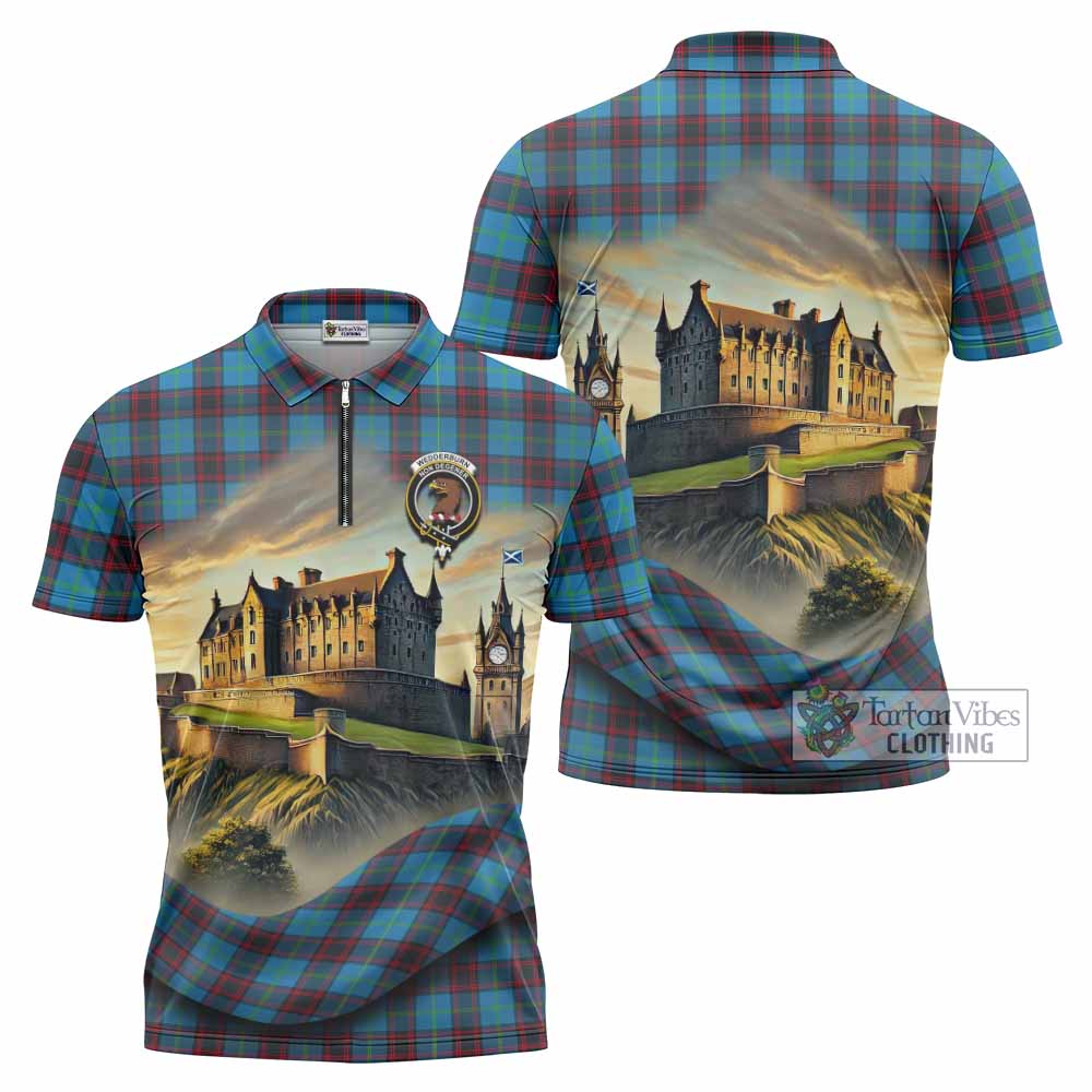 Wedderburn Tartan Family Crest Zipper Polo Shirt with Scottish Ancient Castle Style - Tartan Vibes Clothing