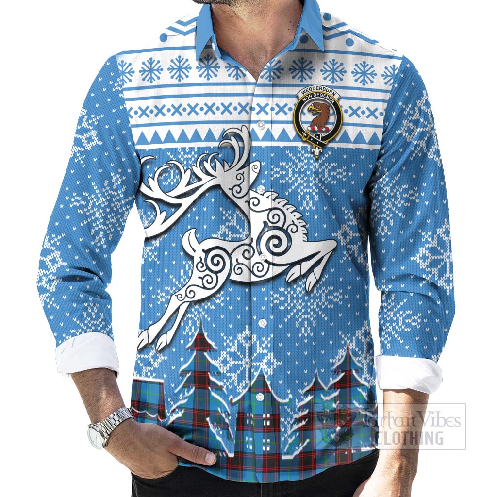 Wedderburn Clan Christmas Long Sleeve Button Shirt Celtic Reindeer Style - Tartan Vibes Clothing