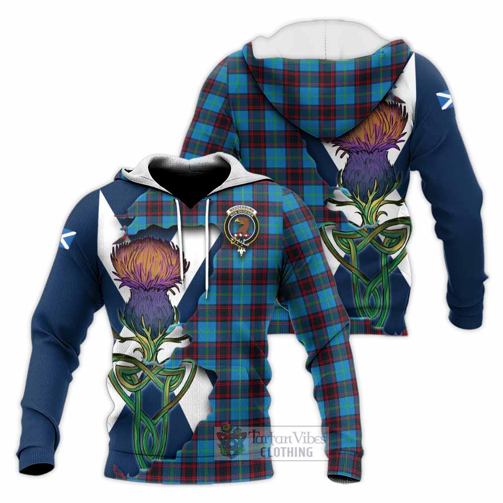 Tartan Vibes Clothing Wedderburn Tartan Family Crest Knitted Hoodie Scottish Thistle Celtic Inspired