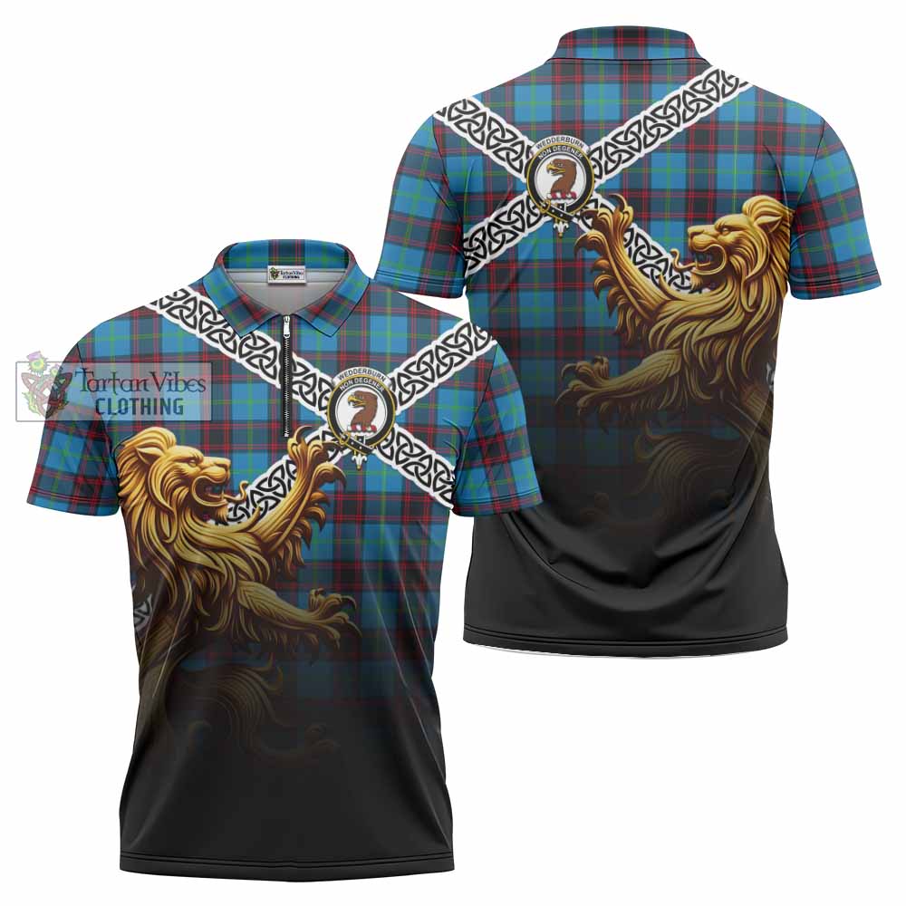 Wedderburn Crest Tartan Zipper Polo Shirt with Golden Lion Emblem Celtic Style - Tartan Vibes Clothing