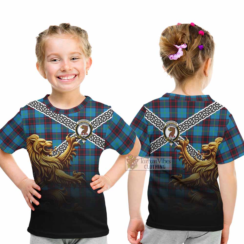 Wedderburn Crest Tartan Kid T-Shirt with Golden Lion Emblem Celtic Style - Tartan Vibes Clothing