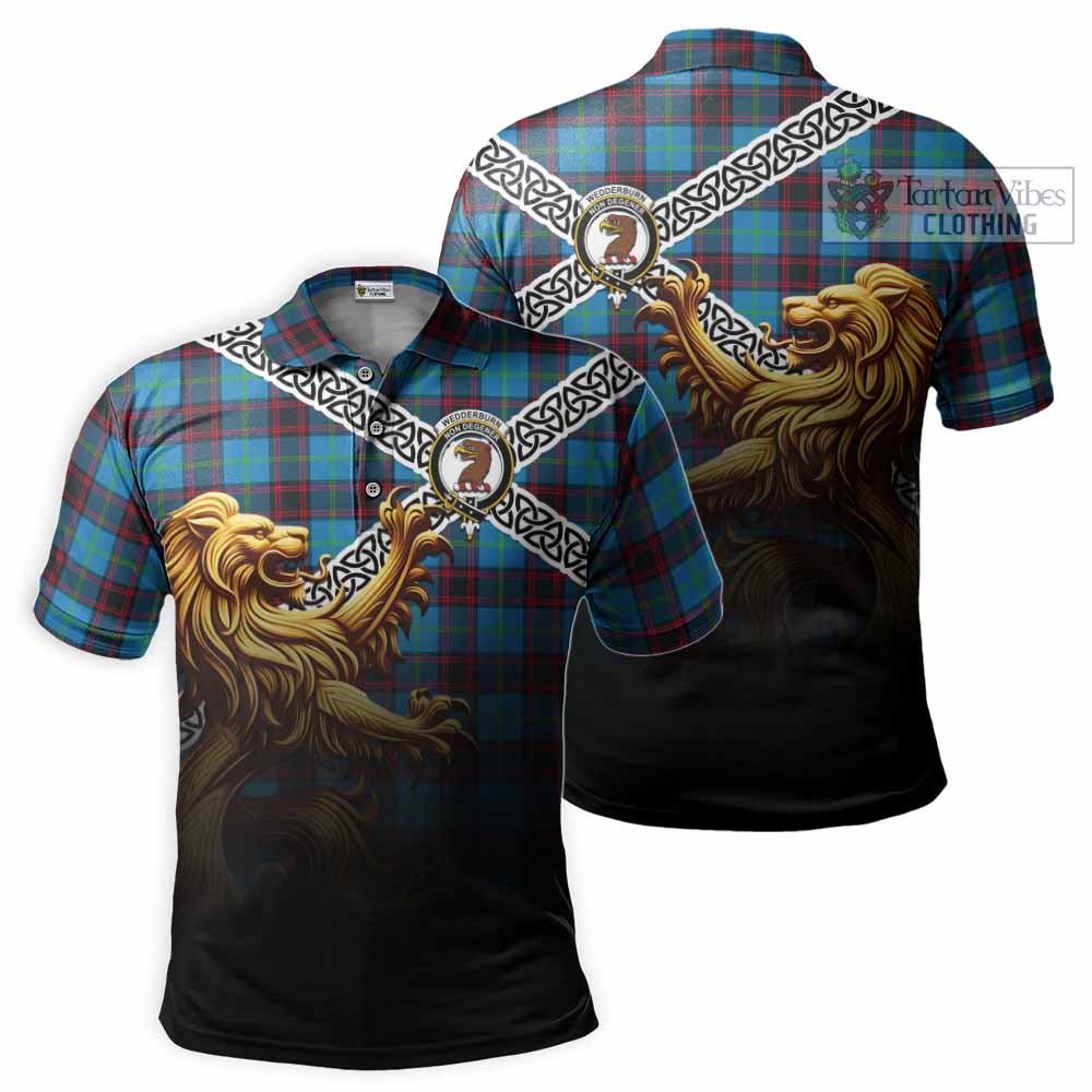 Wedderburn Crest Tartan Polo Shirt with Golden Lion Emblem Celtic Style - Tartan Vibes Clothing