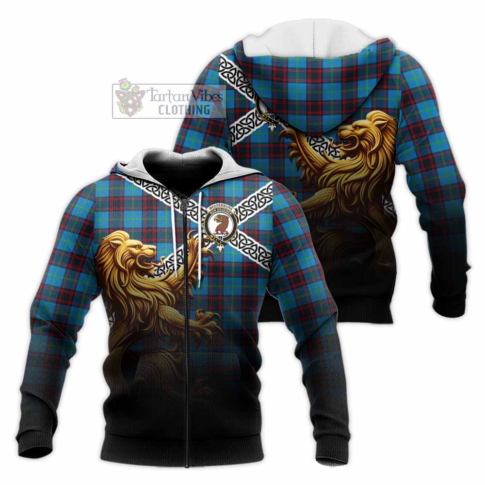 Wedderburn Crest Tartan Knitted Hoodie with Golden Lion Emblem Celtic Style Unisex Knitted Zip Hoodie - Tartan Vibes Clothing
