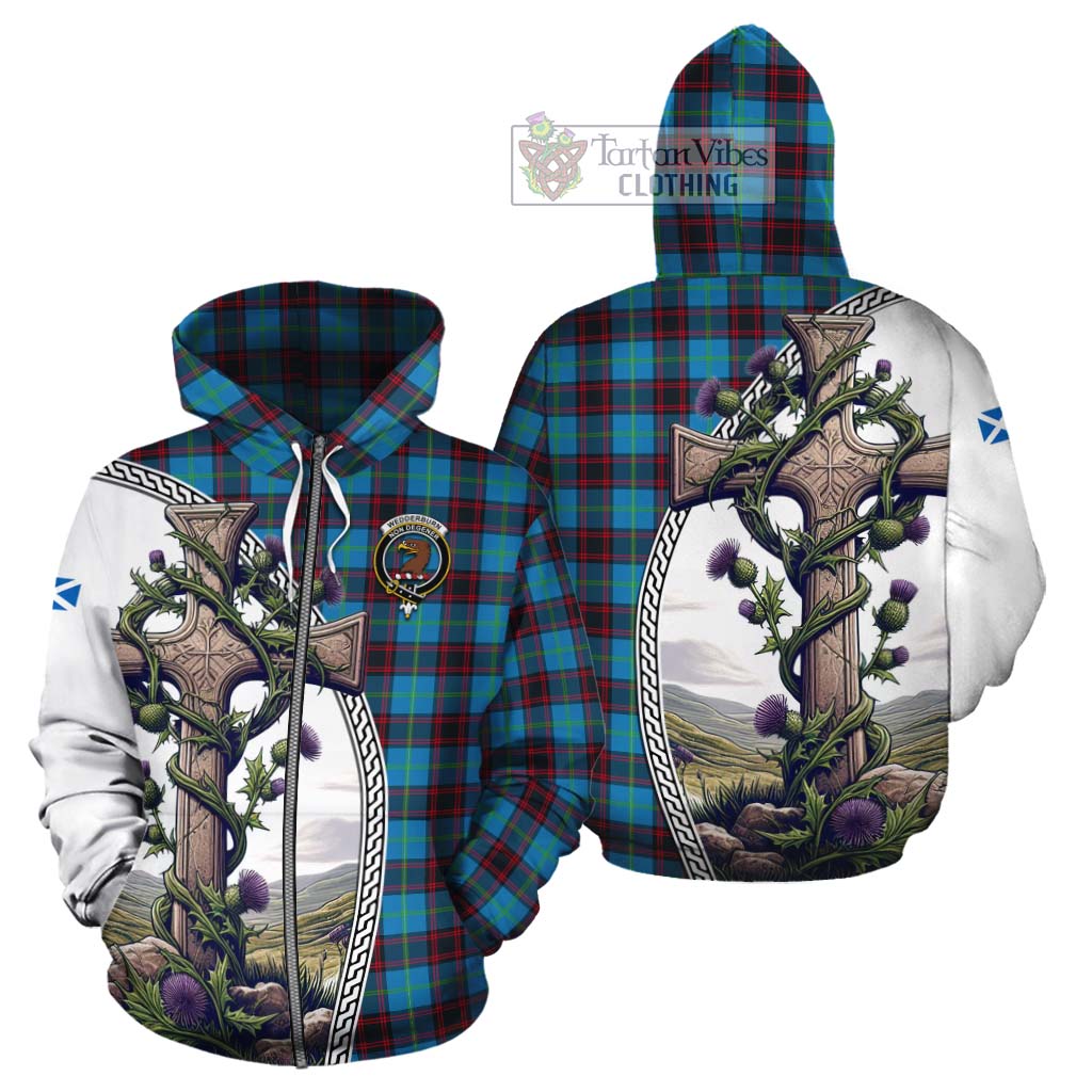 Tartan Vibes Clothing Wedderburn Tartan Cotton Hoodie with Family Crest and St. Andrew's Cross Accented by Thistle Vines