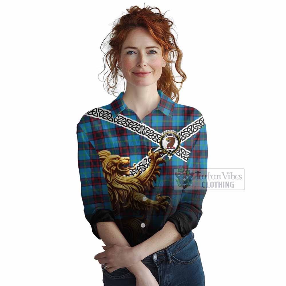 Wedderburn Crest Tartan Women's Casual Shirt with Golden Lion Emblem Celtic Style - Tartan Vibes Clothing