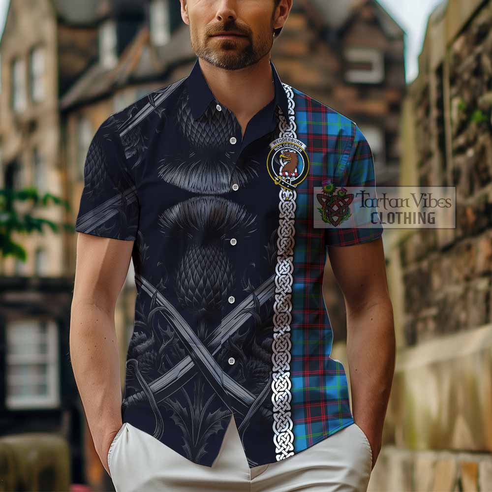 Wedderburn Tartan Hawaiian Shirt with Family Crest Cross Sword Thistle Celtic Vibes - Tartan Vibes Clothing