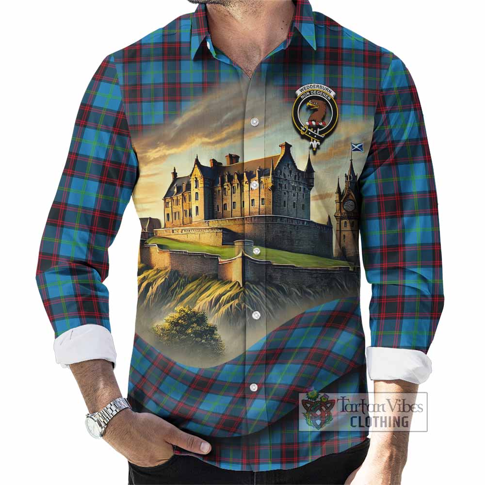 Tartan Vibes Clothing Wedderburn Tartan Family Crest Long Sleeve Button Shirt with Scottish Ancient Castle Style