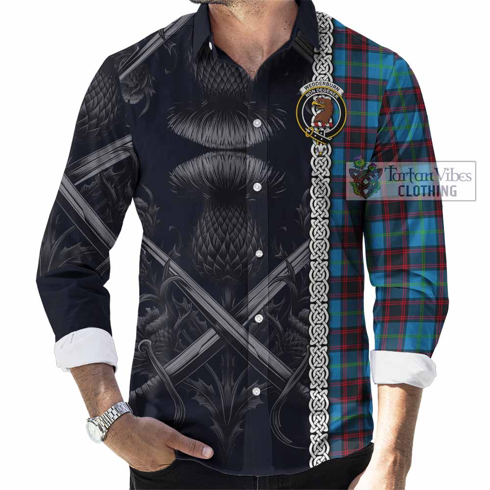 Tartan Vibes Clothing Wedderburn Tartan Long Sleeve Button Shirt with Family Crest Cross Sword Thistle Celtic Vibes