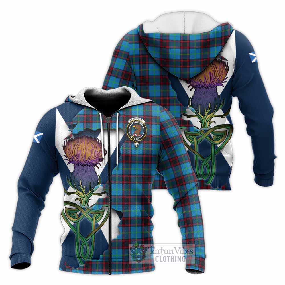 Tartan Vibes Clothing Wedderburn Tartan Family Crest Knitted Hoodie Scottish Thistle Celtic Inspired