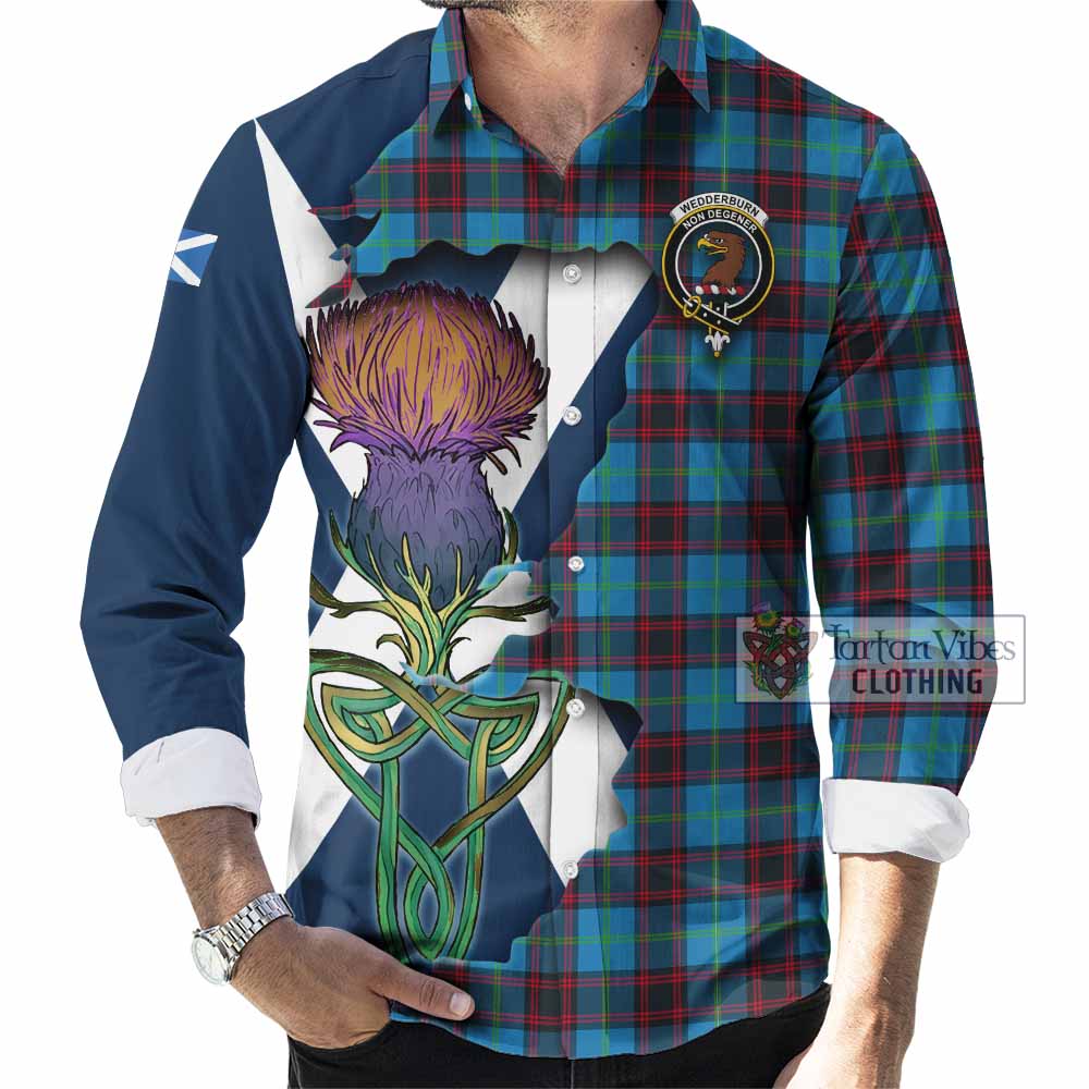 Tartan Vibes Clothing Wedderburn Tartan Family Crest Long Sleeve Button Shirt Scottish Thistle Celtic Inspired