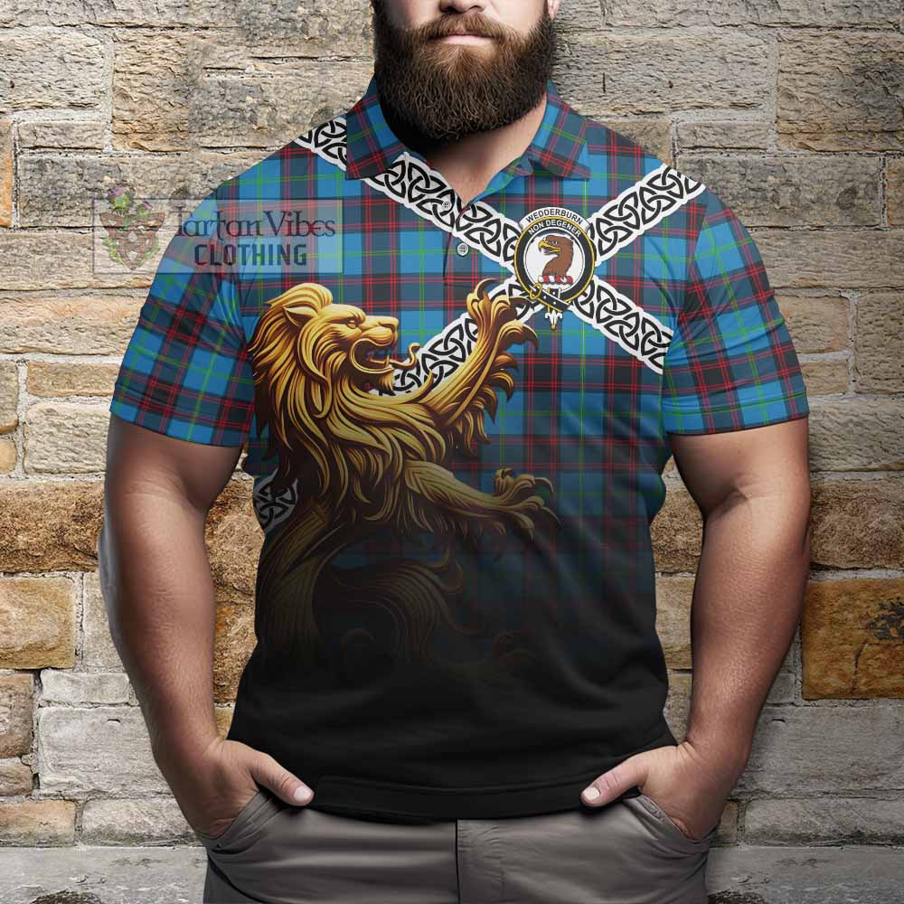 Wedderburn Crest Tartan Polo Shirt with Golden Lion Emblem Celtic Style - Tartan Vibes Clothing