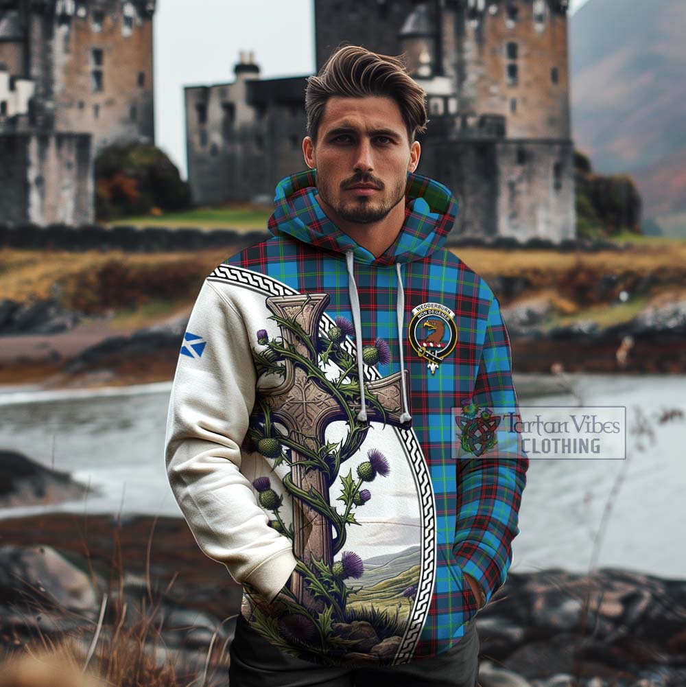 Tartan Vibes Clothing Wedderburn Tartan Cotton Hoodie with Family Crest and St. Andrew's Cross Accented by Thistle Vines