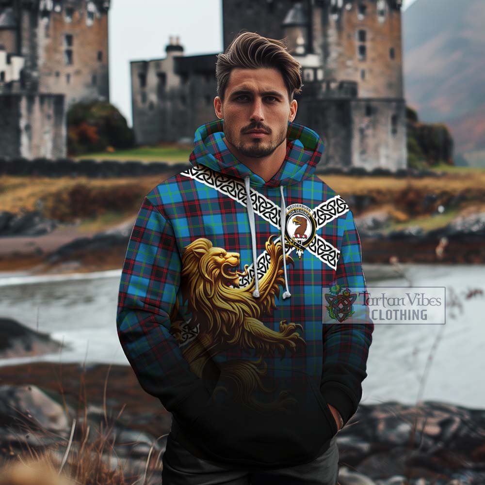 Wedderburn Crest Tartan Cotton Hoodie with Golden Lion Emblem Celtic Style - Tartan Vibes Clothing