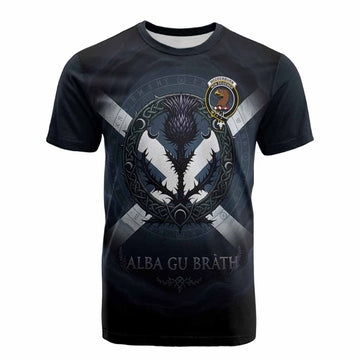 Wedderburn Clan Crest Cotton T-shirt with Celtic Knot Thistle and Saltire