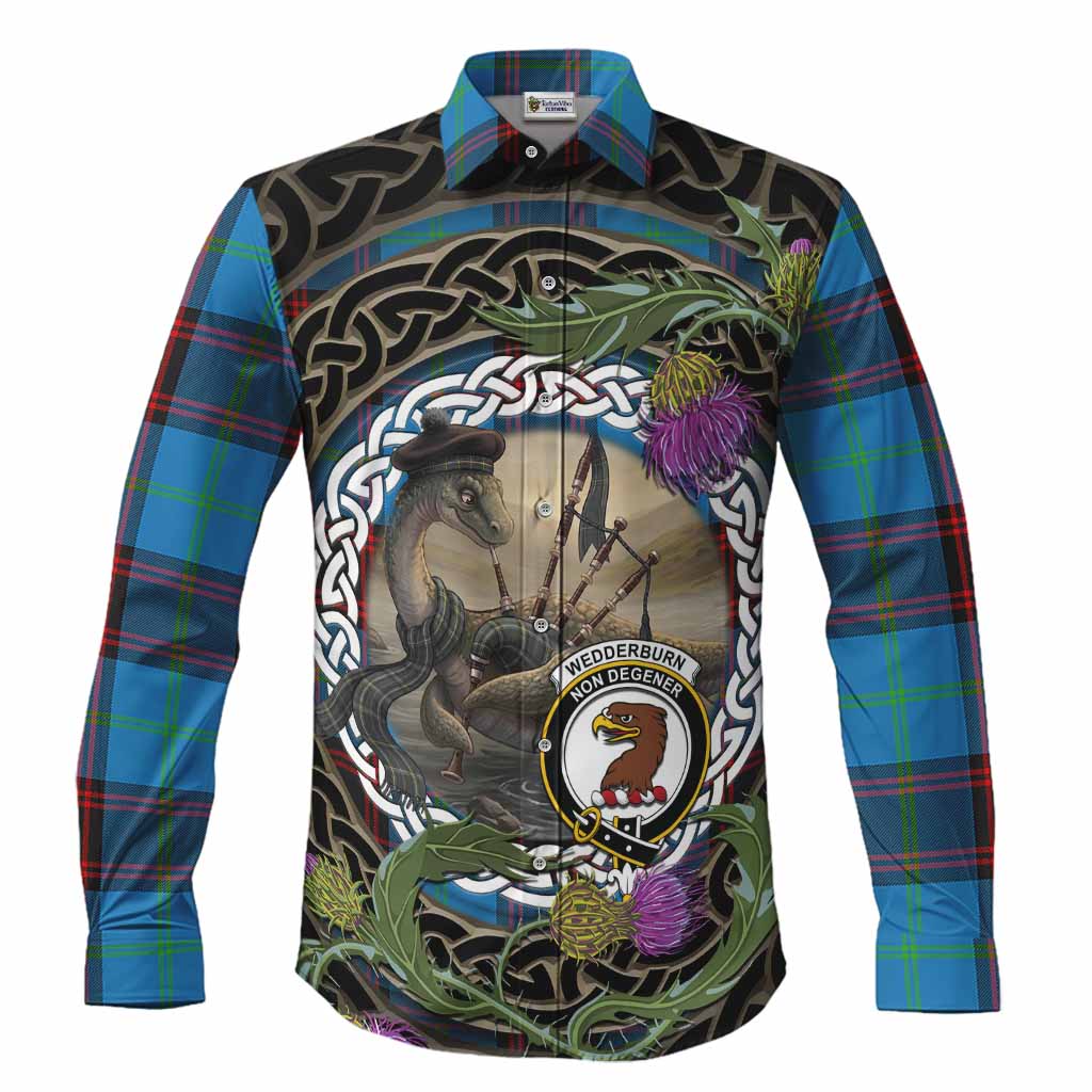 Wedderburn Tartan Crest Bagpipe Nessie Long Sleeve Button Shirts Scottish Loch Ness Monster Celtic Thistle
