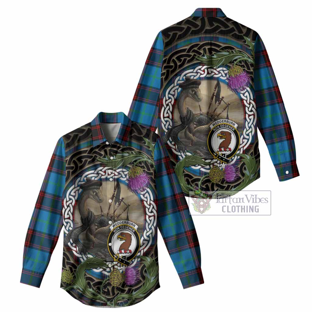 Wedderburn Tartan Crest Bagpipe Nessie Women Casual Shirt Scottish Loch Ness Monster Celtic Thistle