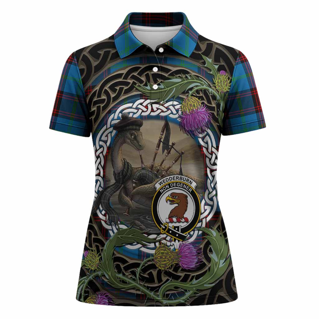 Wedderburn Tartan Crest Bagpipe Nessie Women Polo Shirt Scottish Loch Ness Monster Celtic Thistle
