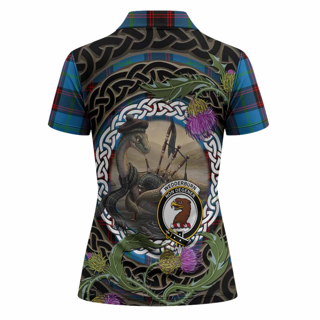 Wedderburn Tartan Crest Bagpipe Nessie Women Polo Shirt Scottish Loch Ness Monster Celtic Thistle