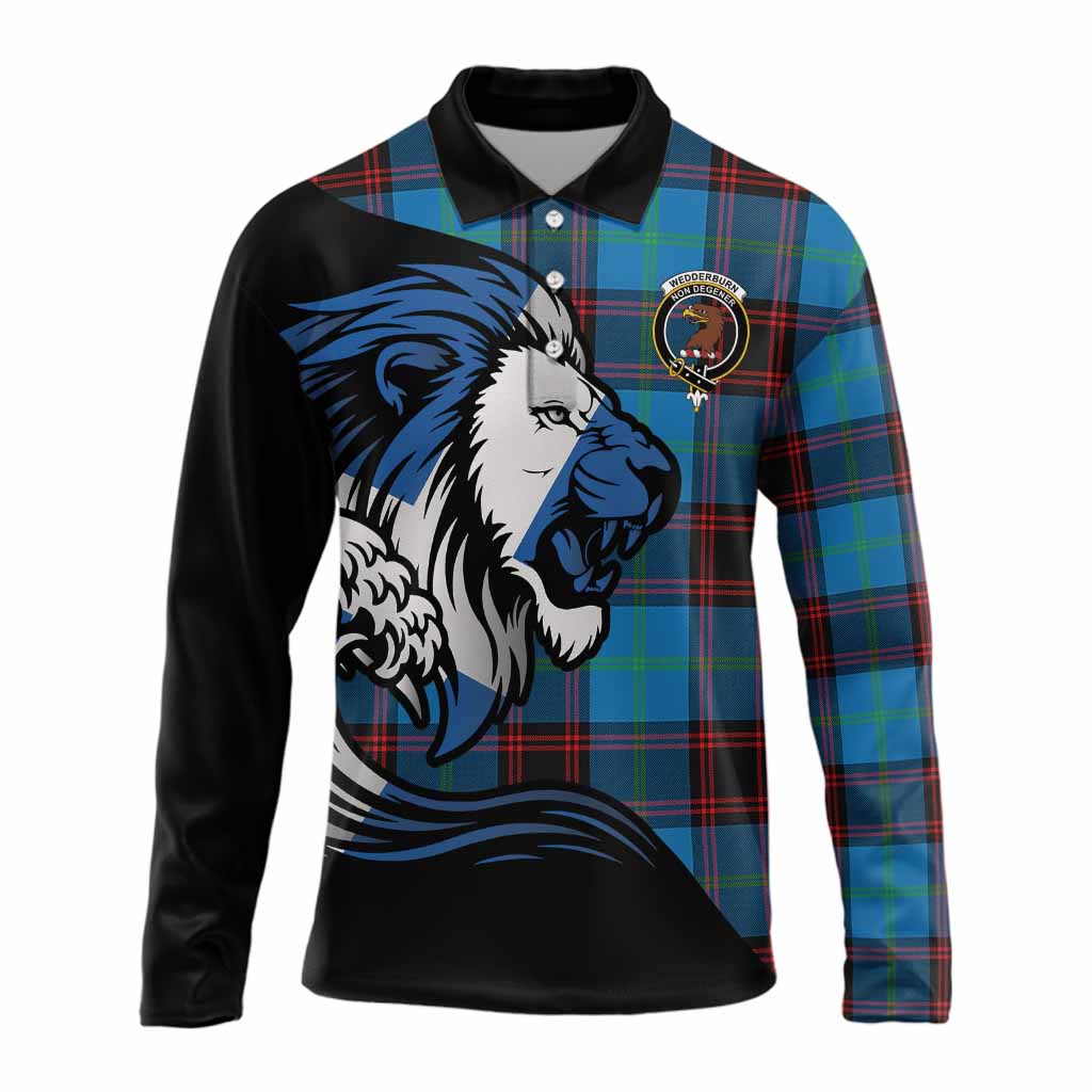 Wedderburn Tartan Crest Long Sleeve Polo Shirt Scottish Golden Lions Wave Flow