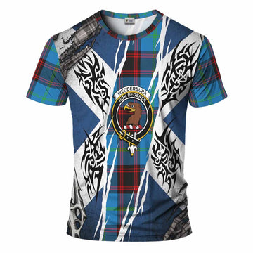 Wedderburn Tartan Crest T-Shirt Scotland Flag Ripped Tribal Design