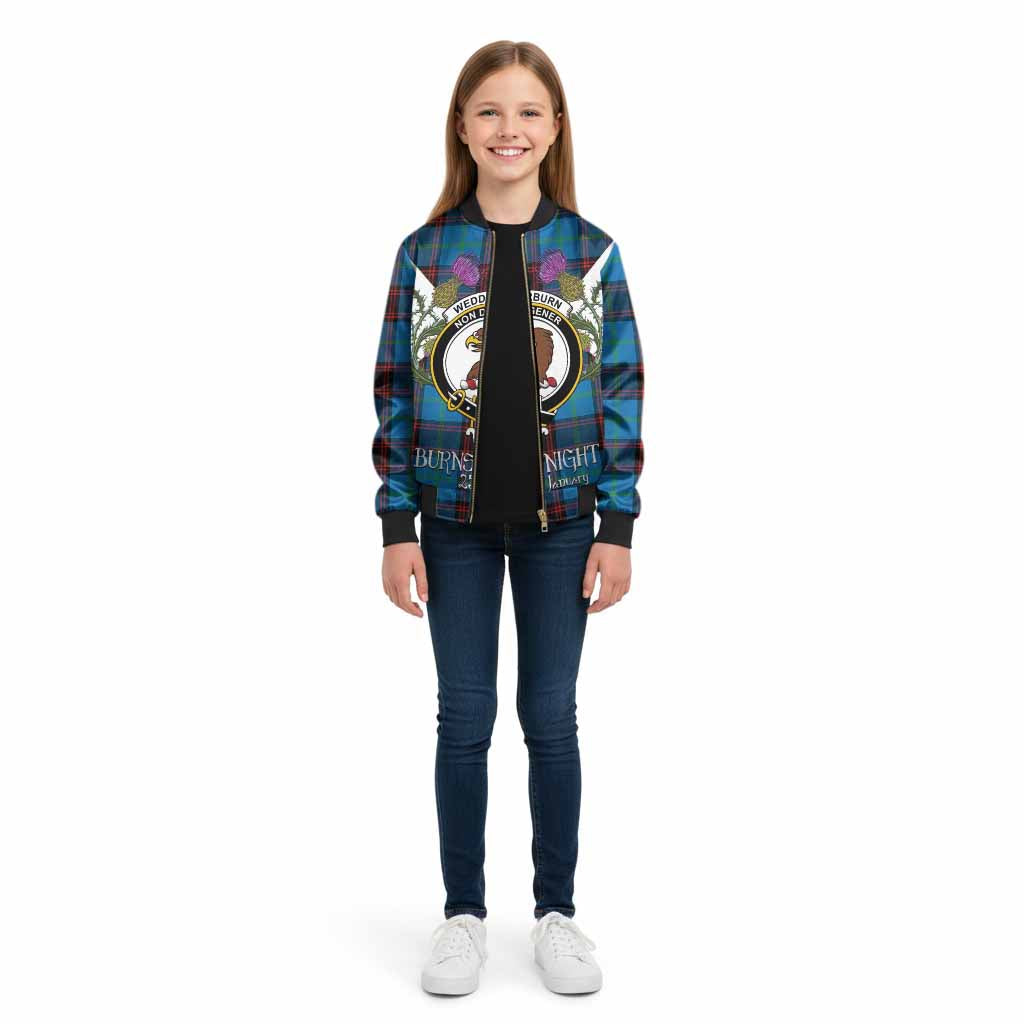 Wedderburn Tartan Family Crest Kid Bomber Jacket Scottish Burns Night Thistle Floral