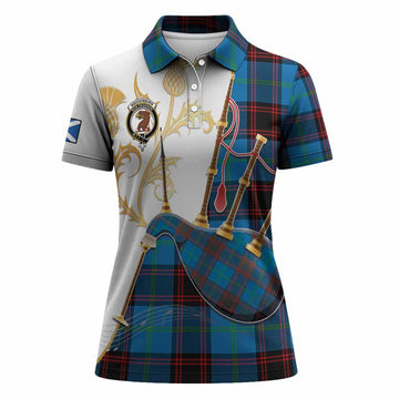 Wedderburn Tartan Family Crest Women Polo Shirt Bagpipes with Scottish Thistle