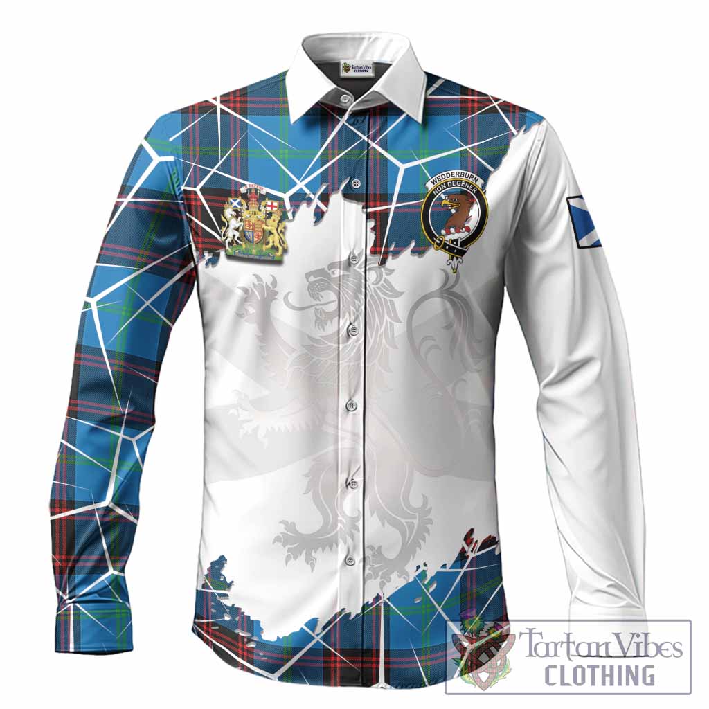Wedderburn Tartan Long Sleeve Button Shirts with Family Crest and Lion Rampant Grunge Style