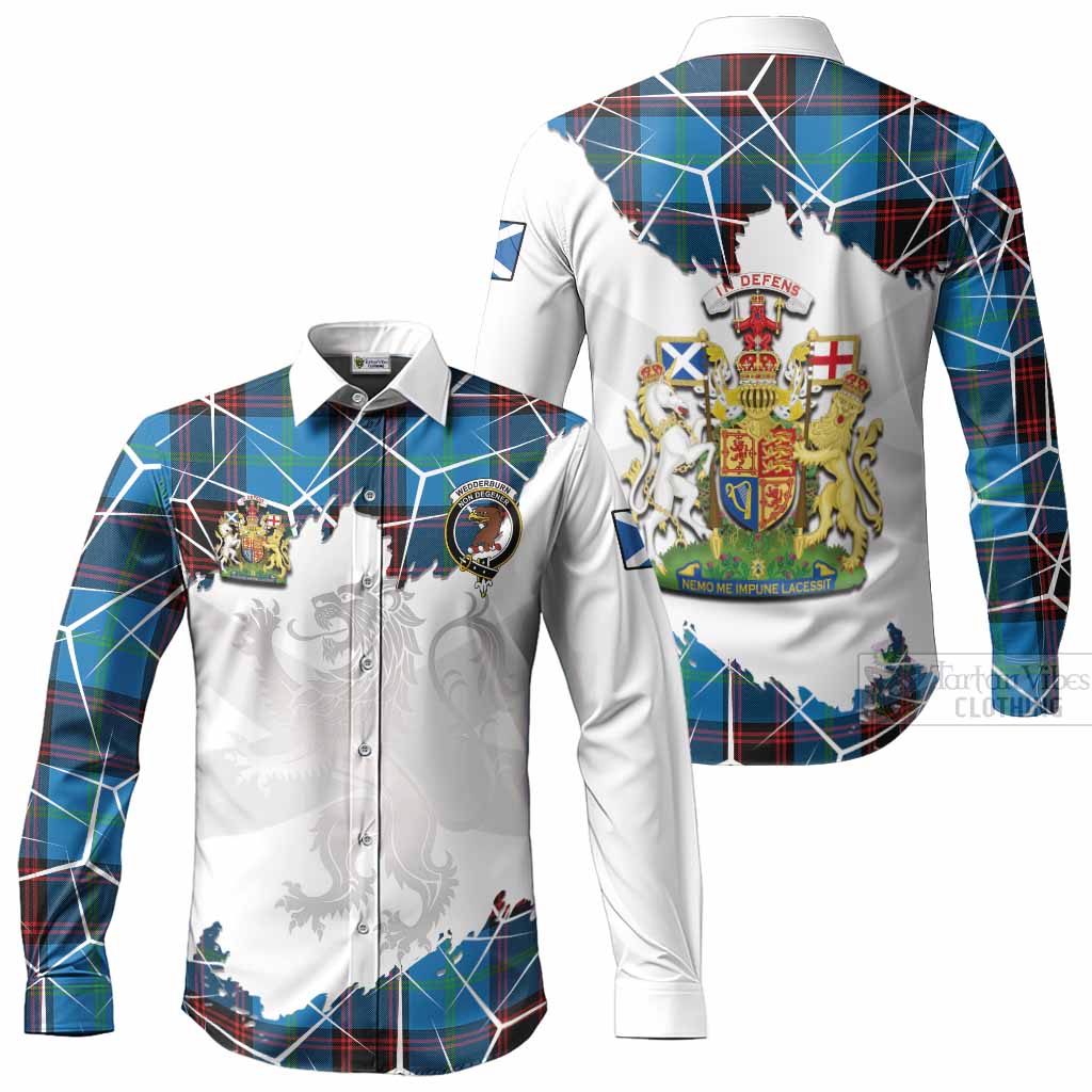 Wedderburn Tartan Long Sleeve Button Shirts with Family Crest and Lion Rampant Grunge Style