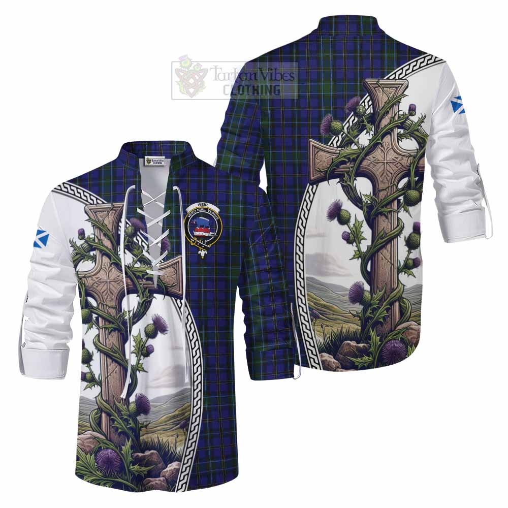 Tartan Vibes Clothing Weir Tartan Ghillie Kilt Shirt with Family Crest and St. Andrew's Cross Accented by Thistle Vines